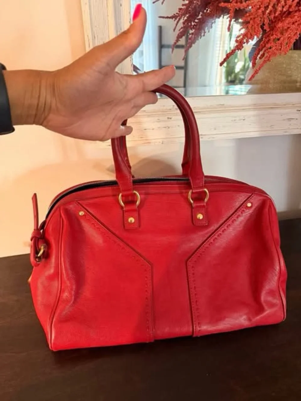 Yves Saint Laurent Red Leather Top-Handle Shoulder Bag - Picture 3 of 8